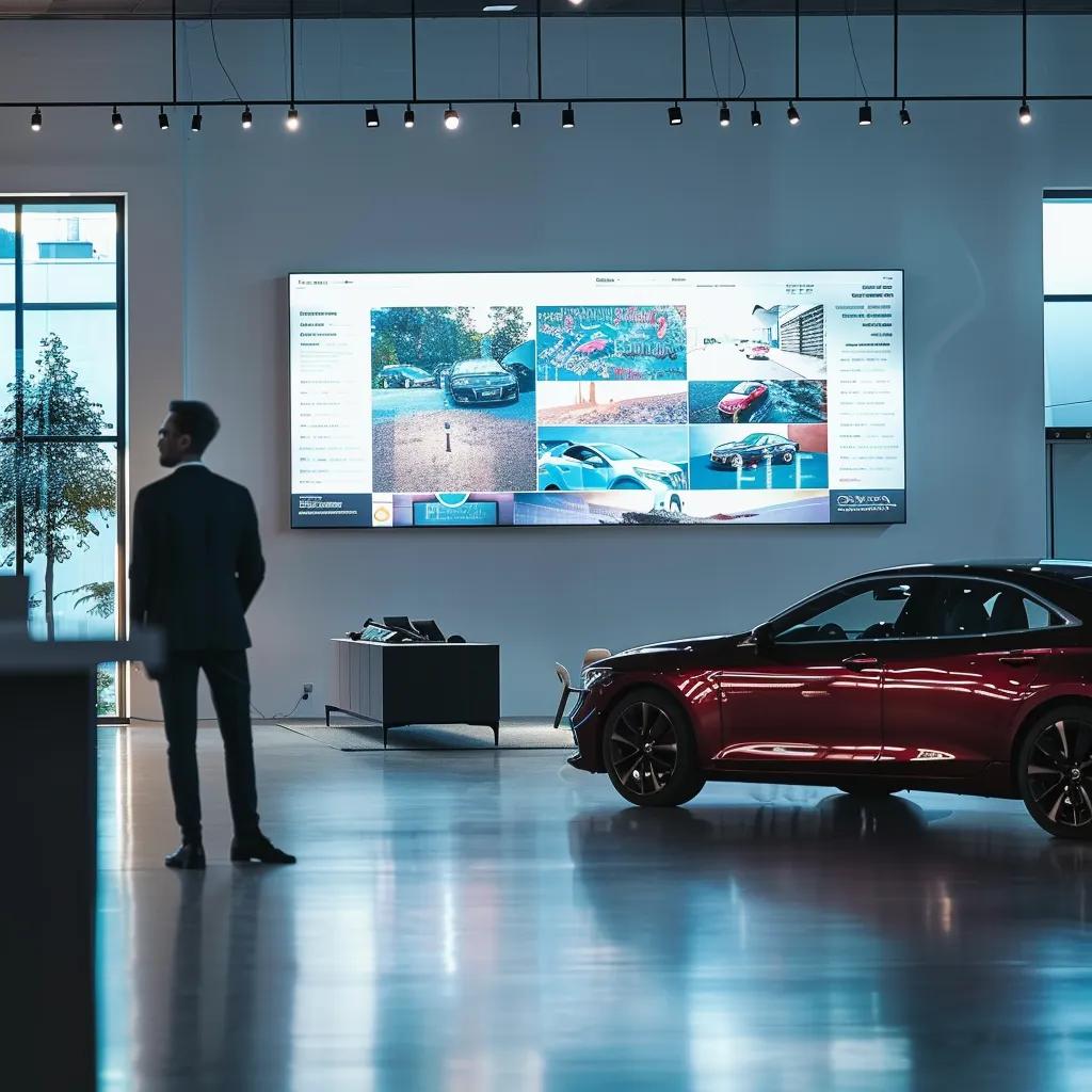 a sleek, modern office with a confident salesperson presenting a large, colorful infographic about quick and reliable junk car buying processes, illuminated by bright led lights that emphasize professionalism.