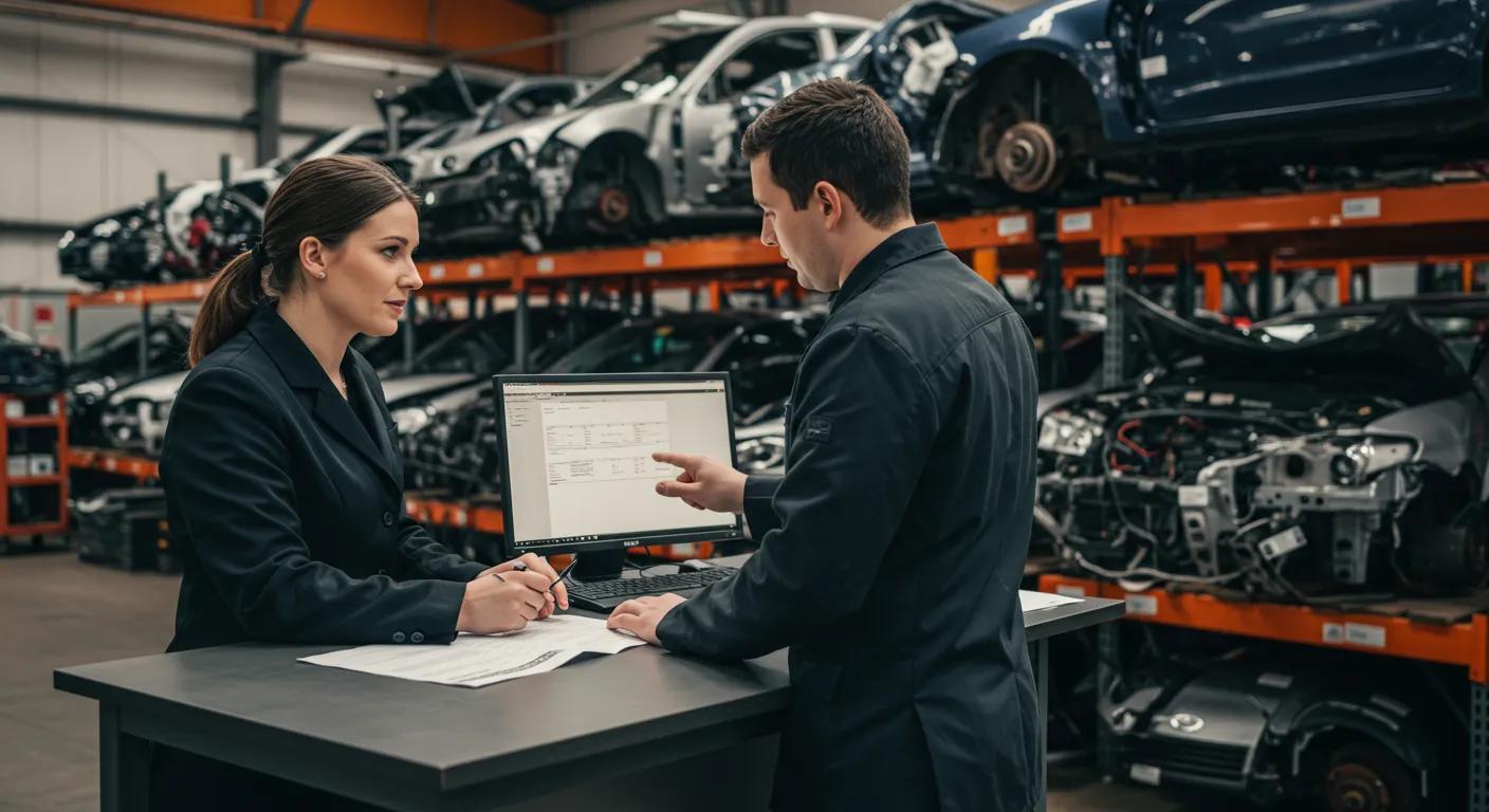 a detailed view of an organized auto salvage yard, showcasing a clean office space where a professional explains the straightforward process of getting paid for scrap cars, with vehicles in various stages of disassembly visible in the background.
